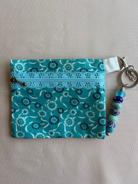 Aqua Flower Fabric Keychain Wallet
